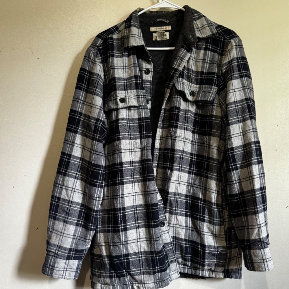 LL Bean Traditional Fit Fleece Lined Cotton Flannel Shirt Black White Plaid S